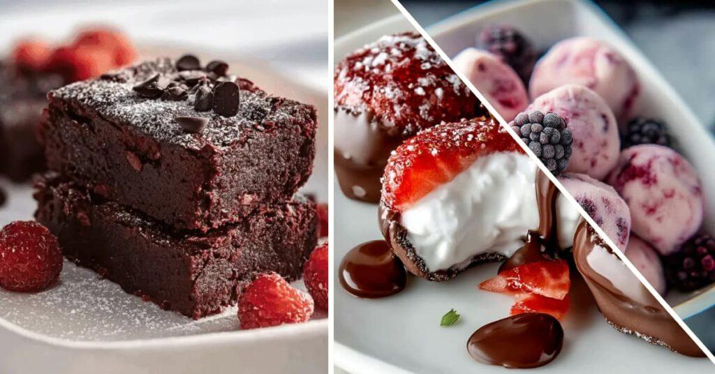 Healthy late-night desserts – yogurt parfaits, dark chocolate bites, fruit bowls, and protein brownies for guilt-free snacking.