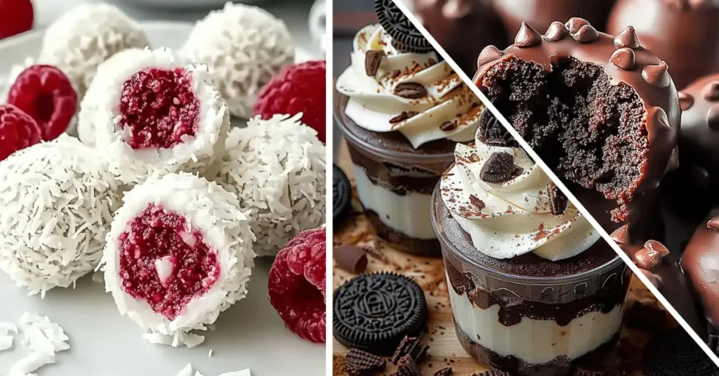 Easy mini dessert recipes you can make at home – assorted bite-sized cakes, mousse cups, and fruit tarts on a rustic kitchen table.