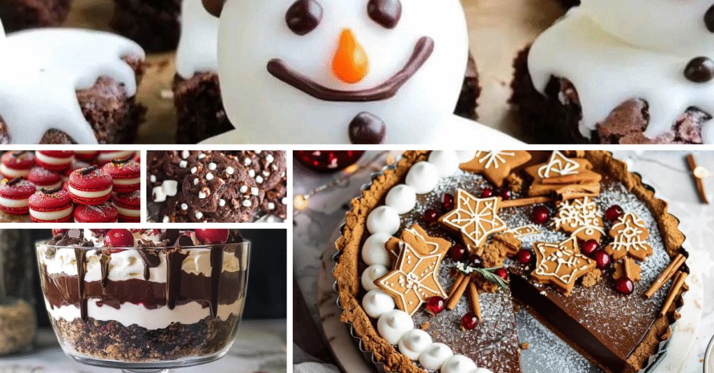 A cozy winter dessert spread with warm chocolate cakes, spiced cookies, and festive treats — perfect for the holidays and cold nights