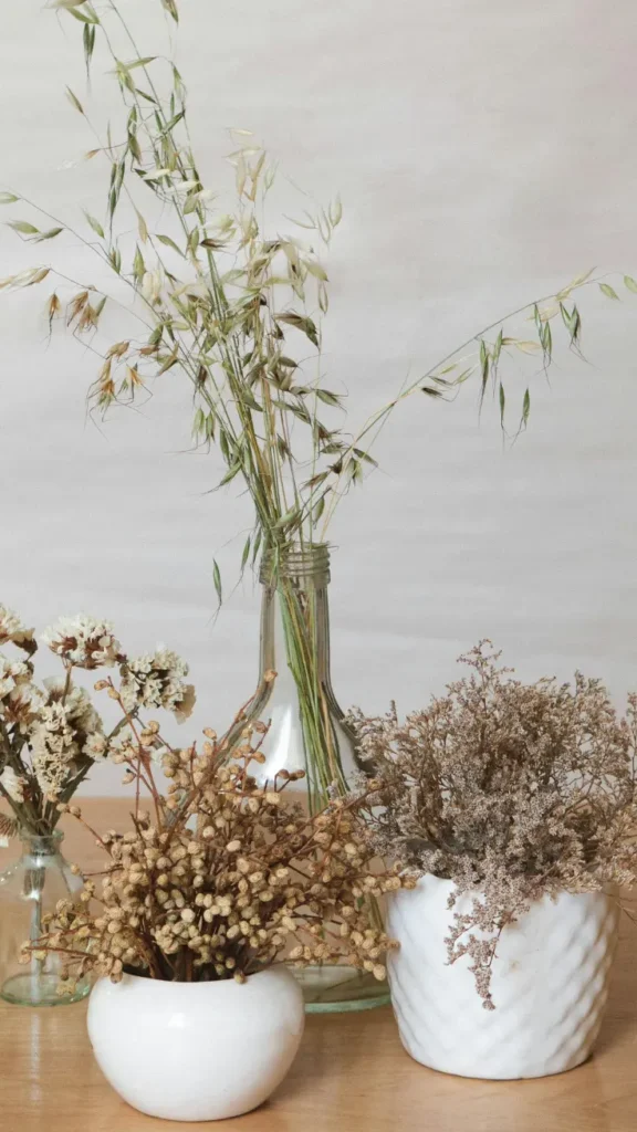 dried flower stems and grasses arranged in glass bottles and white ceramic pots on warm wooden table with neutral background