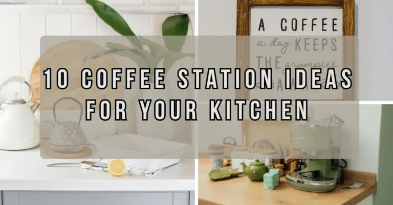 10 coffee station ideas for your kitchen featuring a white minimal kitchen counter with kettle and plant beside a sage green coffee setup with matching accessories