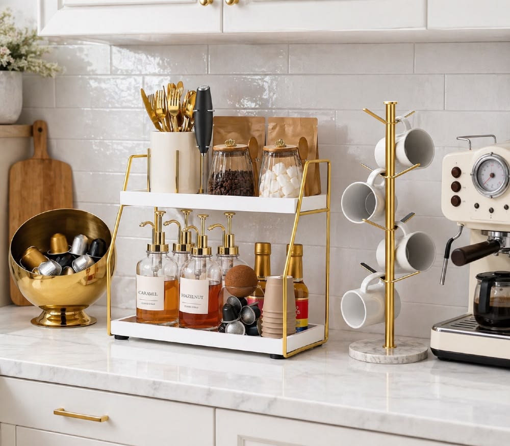 Coffee station with a white and gold two-tier rack holding syrup dispensers and canisters beside a gold mug tree and espresso machine on a marble kitchen counter