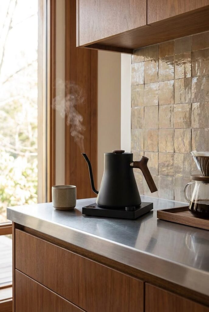 Matte black gooseneck kettle with steam on a kitchen counter beside a ceramic mug and glass pour over coffee maker