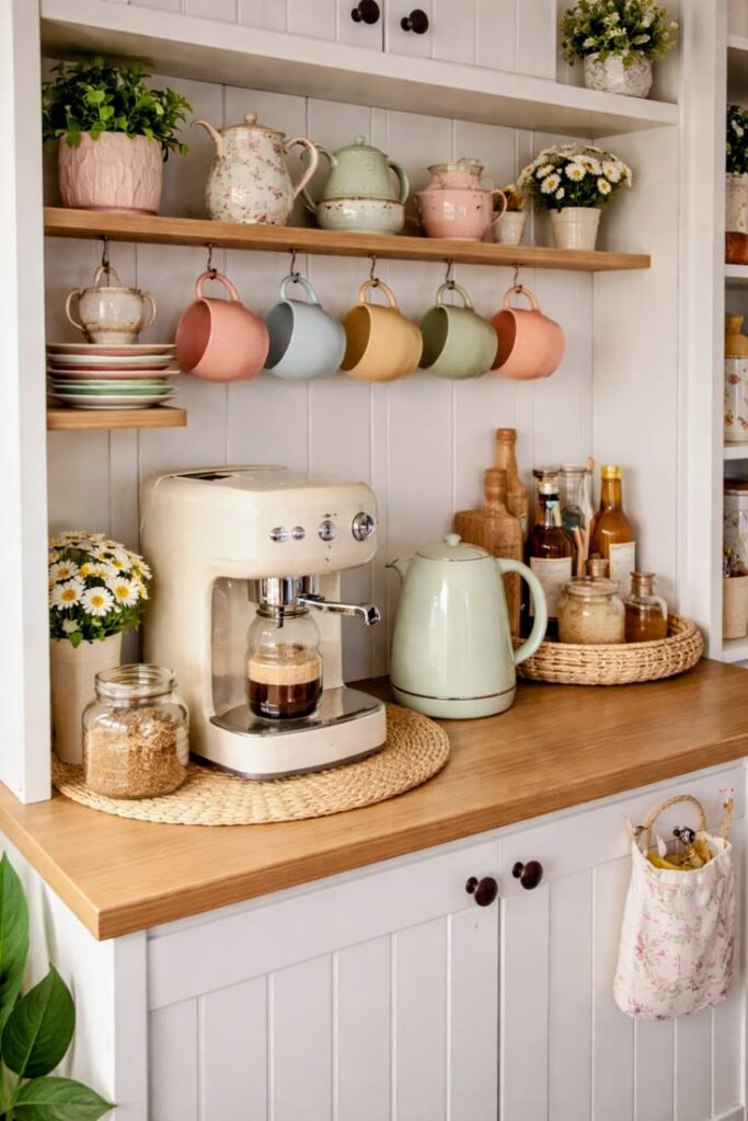 Pastel colored coffee station with cream espresso machine, mint green kettle and matching pastel mugs hanging from shelf hooks on a wood counter