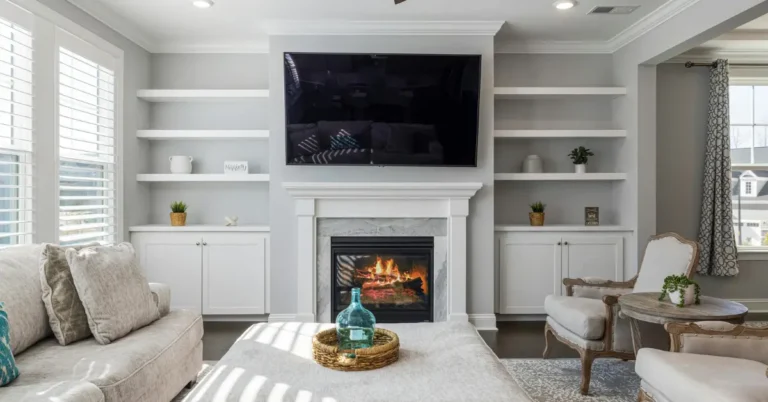 Small apartment living room with white built in shelving units around a wall mounted TV and fireplace, neutral gray walls, light sofa and minimal decor on the shelves.