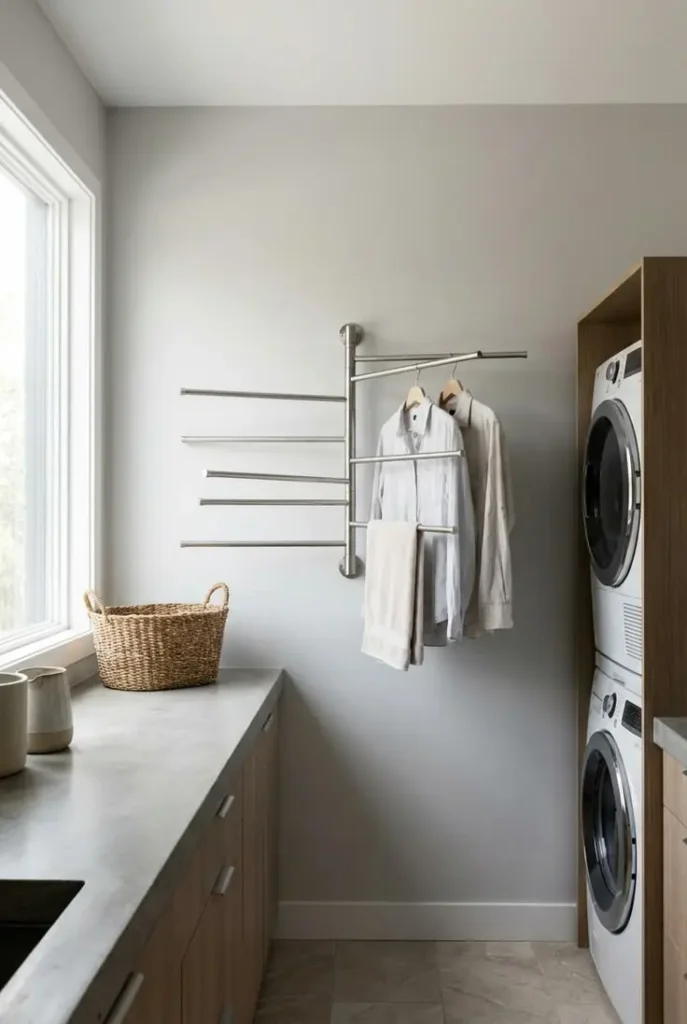 Small laundry room with a wall mounted drying rod holding shirts and a towel next to a stacked washer and dryer and a wooden countertop with a woven basket.