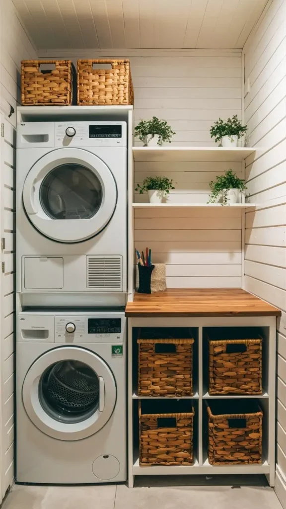 Small apartment laundry room with stacked washer and dryer, woven baskets for storage, floating shelves with plants, and a wooden countertop unit.