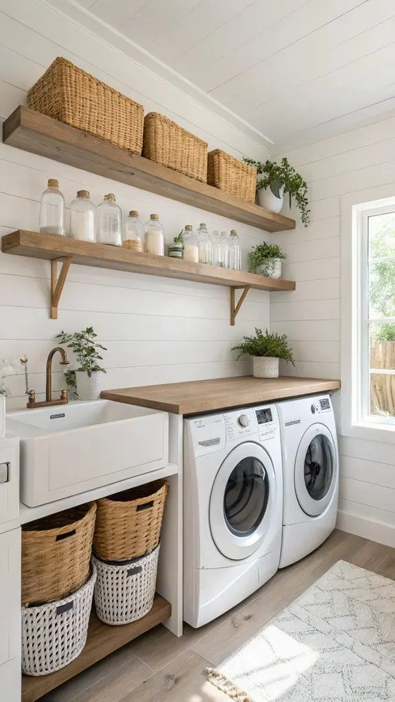 Small laundry room with rustic wood open shelving holding glass jars and woven baskets above a side by side washer and dryer with a farmhouse sink and natural light from a window.