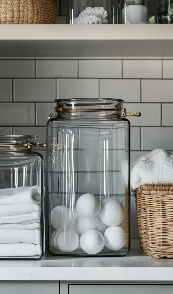 Laundry room countertop with large glass storage jars holding dryer balls and folded white towels next to a woven basket against a grey subway tile wall.