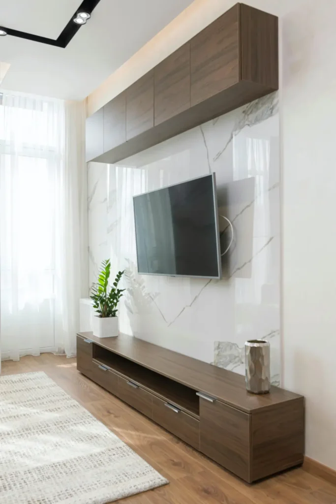 Small living room with a low dark wood TV console, wall mounted TV on a marble panel, green plant on the side and a neutral rug on the floor.

