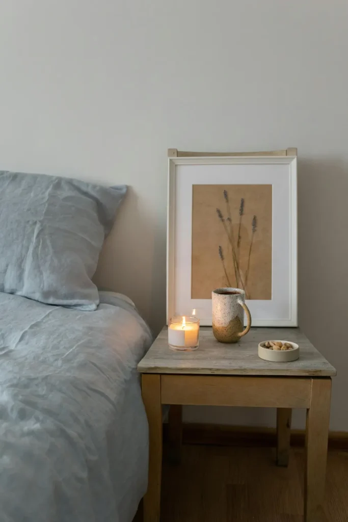 glowing candle in a glass holder on a rustic wooden nightstand beside a bed with soft blue linen bedding a ceramic mug small bowl and framed botanical print in a minimal bedroom