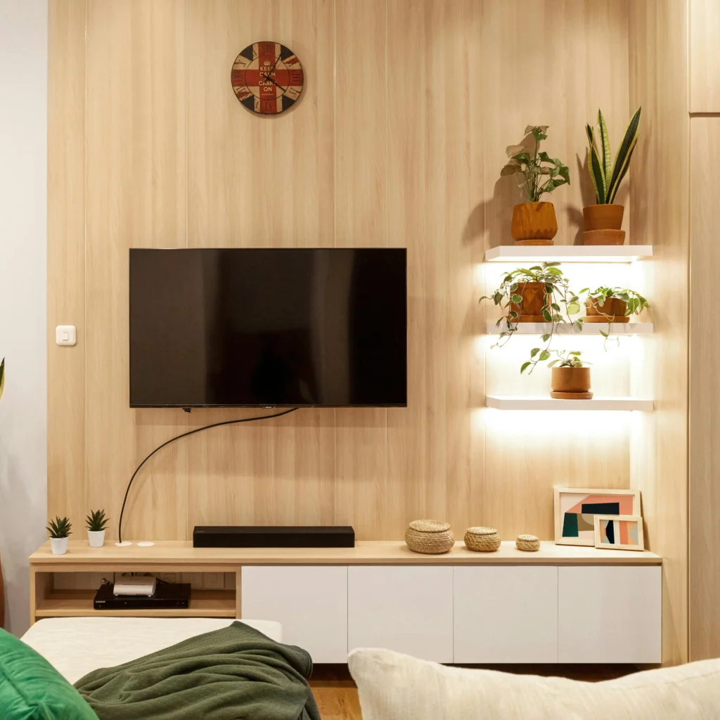 Small apartment living room with a mounted TV on a wood panel wall, white floating shelves with plants and LED lighting on the side, and a white console below.