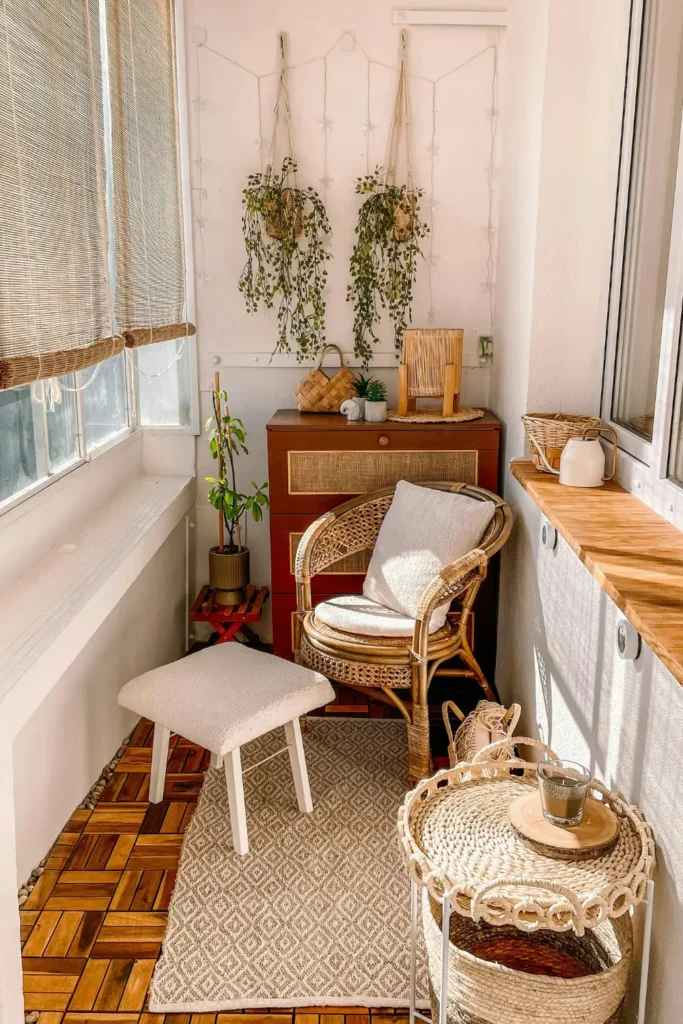 Small apartment balcony with a rattan chair, wooden deck tiles, hanging plants in macrame holders, a patterned rug and boho decor in warm natural tones.