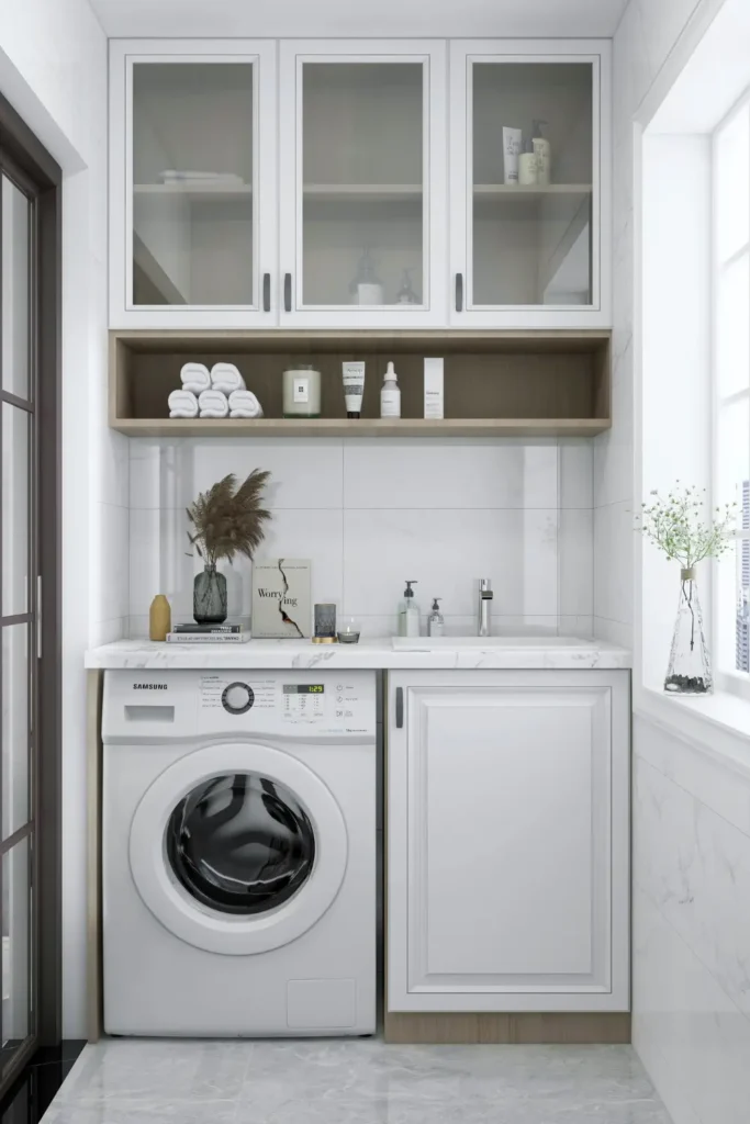 Small white apartment laundry room with white glass front cabinets, open wood shelving with folded towels and products, a marble countertop and a single washing machine underneath.