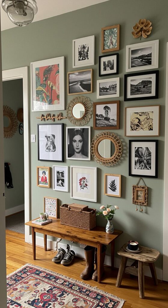 Small apartment entryway gallery wall with mixed frames, art prints and rattan mirrors above a wood console table with a vintage rug on the floor