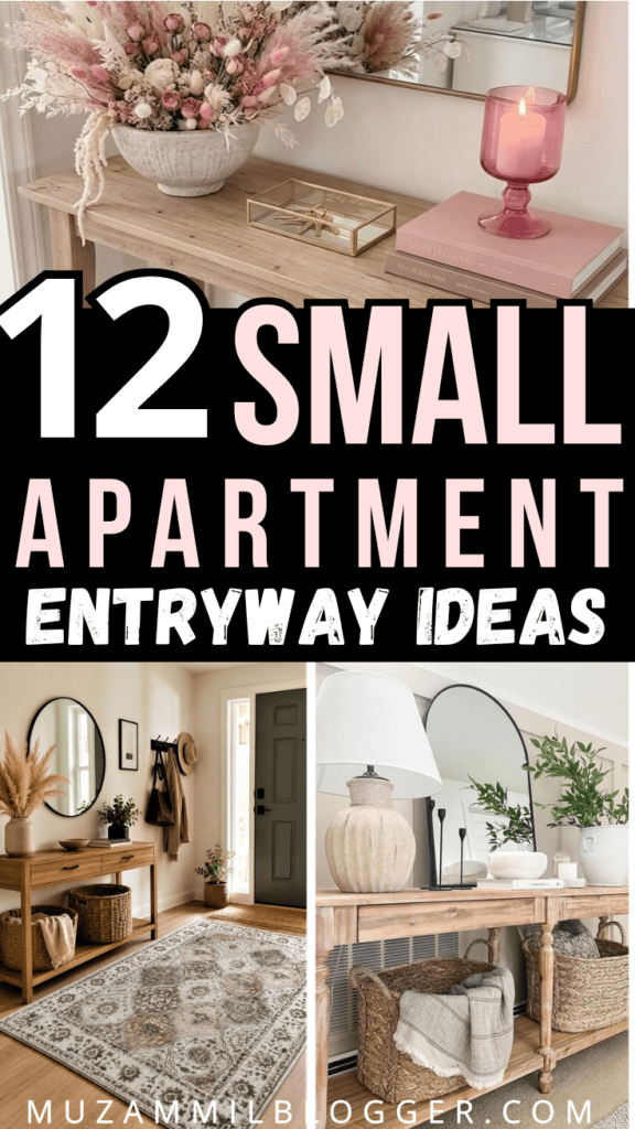 12 small apartment entryway ideas with console table, round mirror, woven baskets and entryway rug