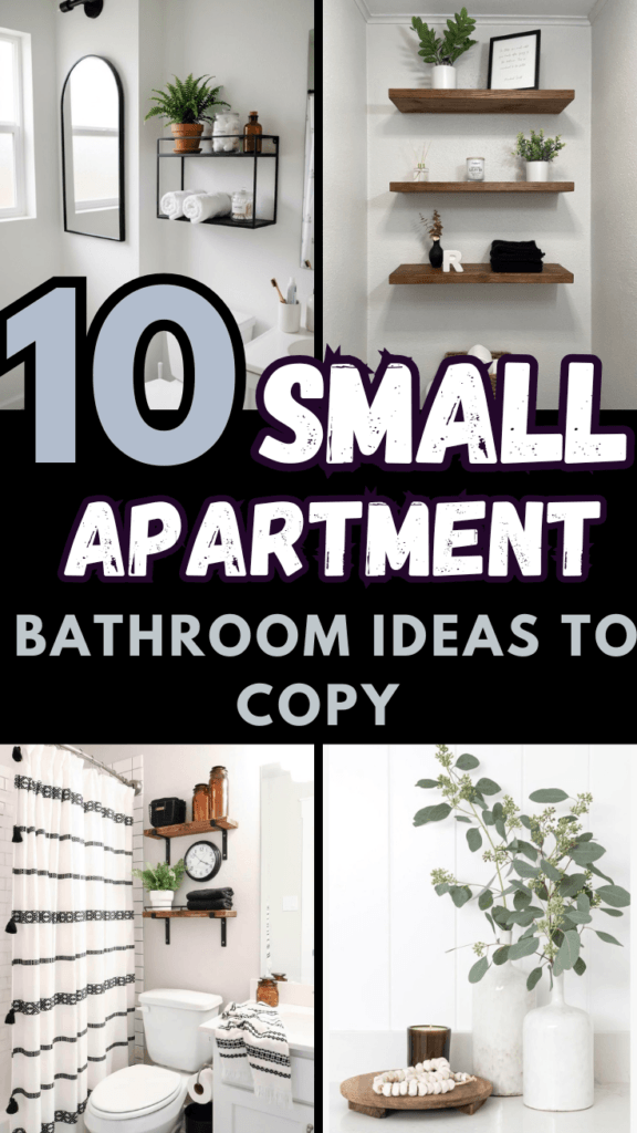 Small apartment bathroom decor collage with floating shelves, eucalyptus stems, and a patterned shower curtain