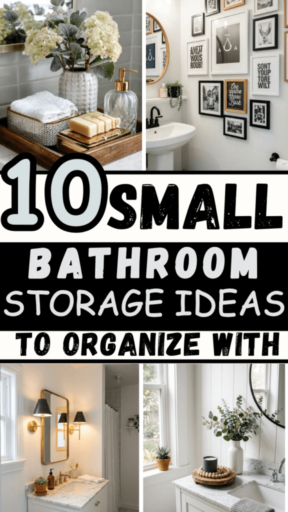 Small bathroom storage ideas with a styled tray, gallery wall, floating shelves, and marble vanity