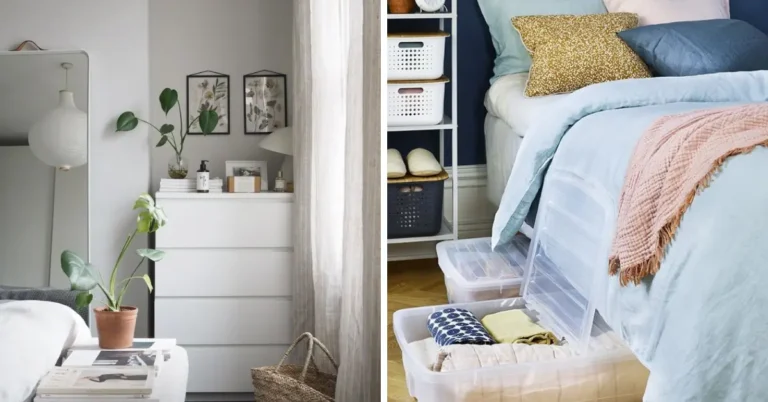 Small apartment bedroom storage ideas showing a tall white dresser with plants and botanical art on the left and clear under-bed storage bins being pulled out from beneath a bed on the right