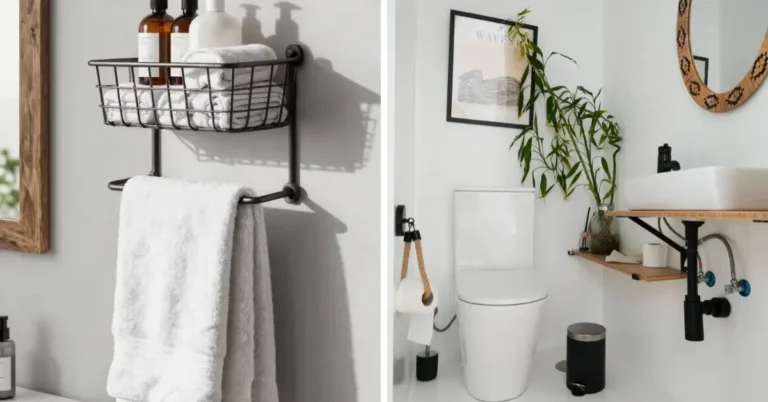 Small apartment above toilet storage ideas showing a dark metal wall rack with wire basket and towel bar on the left and a clean white bathroom with a framed print and tall green plant above the toilet on the right