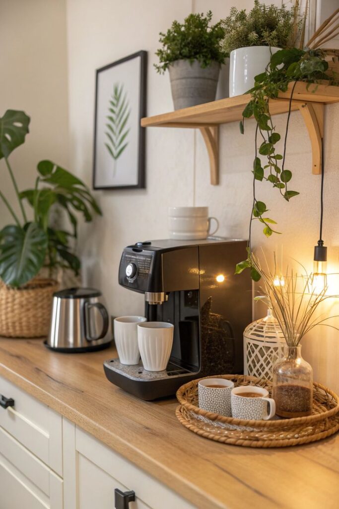 Green trailing plants on a wooden shelf above a black coffee machine and kettle on a wood counter styled as a small apartment coffee corner