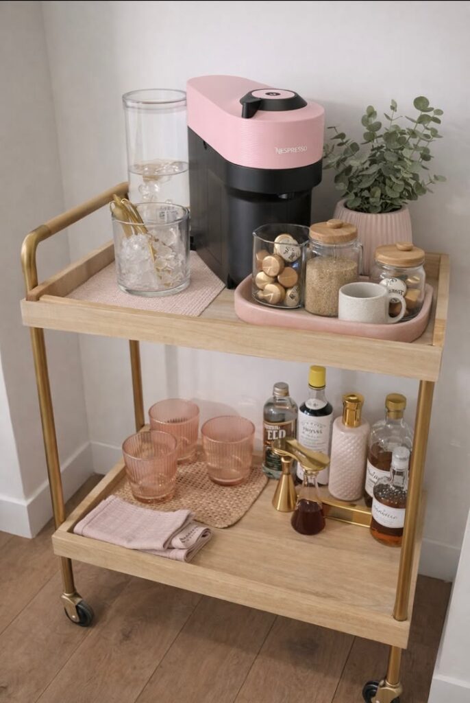 A two-tier wooden rolling cart with gold wheels used as a small apartment coffee corner with a pink Nespresso machine on top and syrup bottles and glasses on the lower shelf