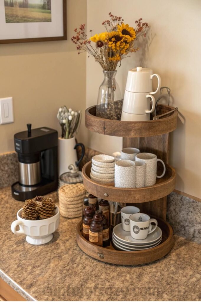 A three-tier wooden tiered tray on a kitchen counter styled as a coffee corner with white mugs on the middle tier syrup bottles below and sunflowers on top