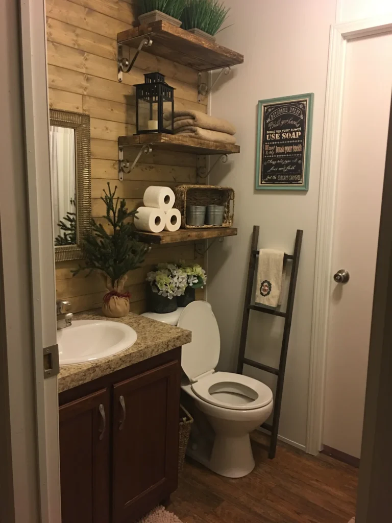 Rustic wood floating shelves above toilet in small apartment bathroom with lantern, folded towels and small plants