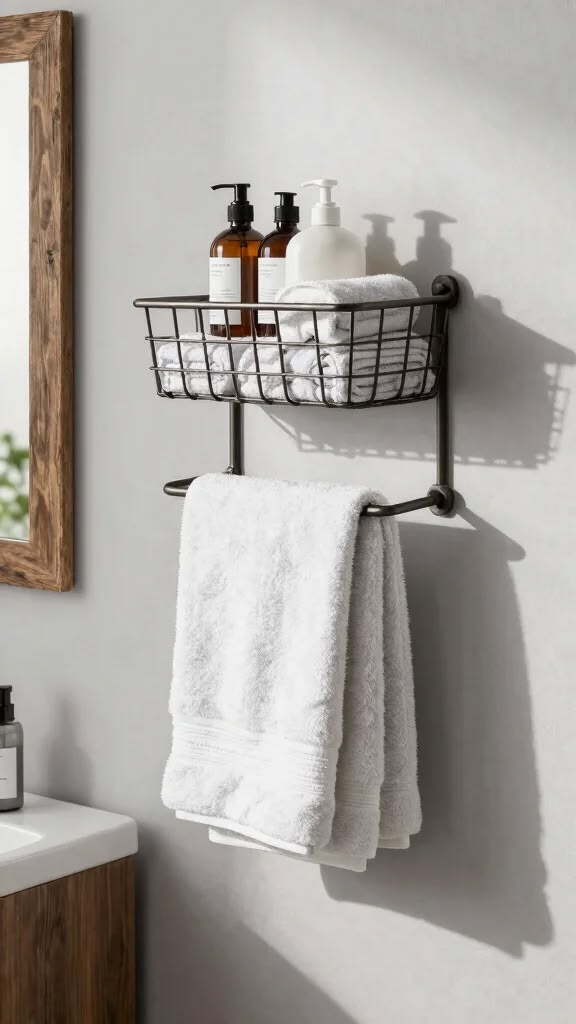 Dark bronze metal wall-mounted rack with wire basket holding soap dispensers on top and white folded towels hanging below on a plain white wall