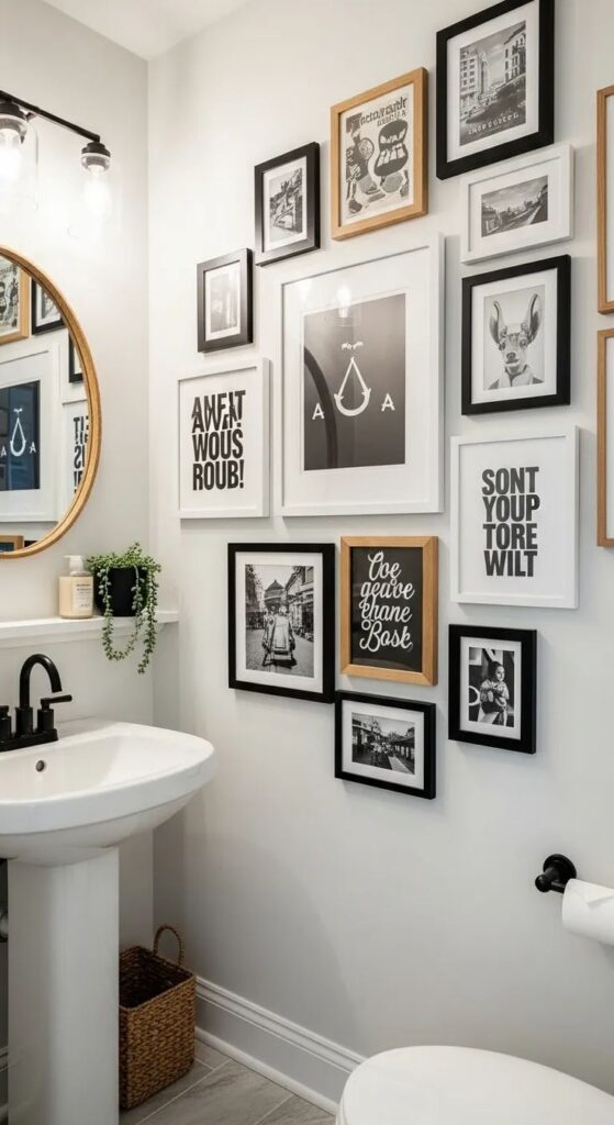 Small apartment powder room with a large black and white gallery wall of mixed framed art and prints above a pedestal sink, round wood mirror, and woven basket