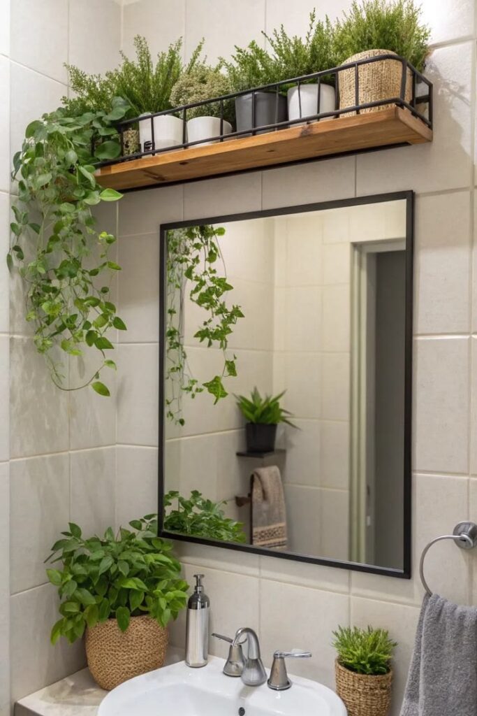 Wood shelf above bathroom mirror filled with multiple potted plants and trailing green vines in a small apartment bathroom
