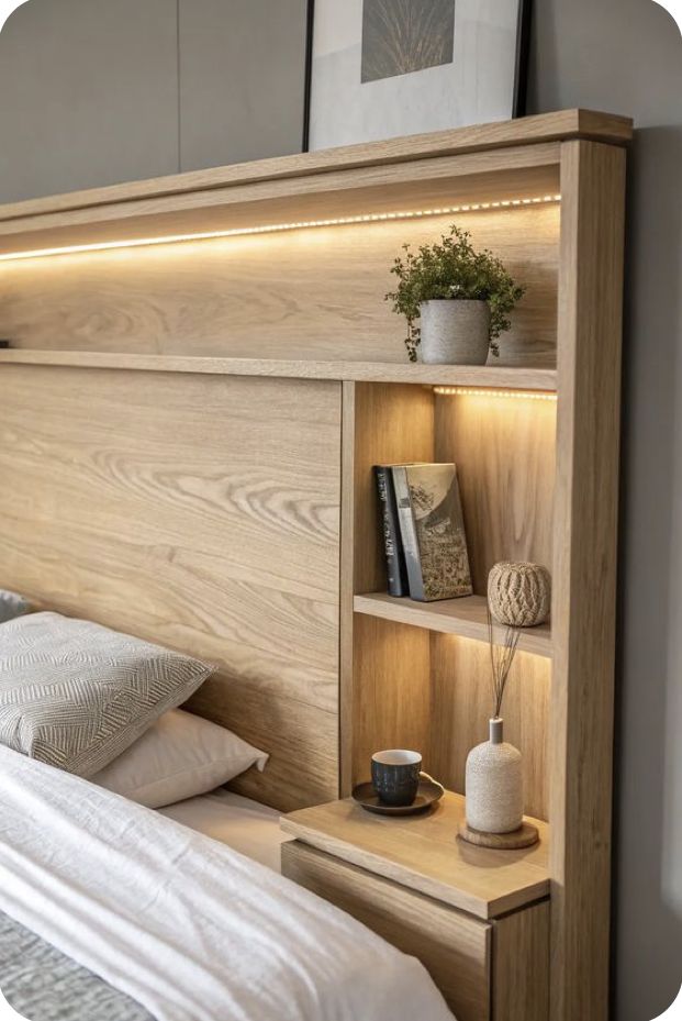 Wood headboard with built-in shelving holding books, a small plant, and a mug, lit with an integrated LED strip above the bed