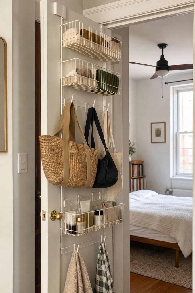 Over-the-door wire organizer with hanging baskets, tote bags, and towels mounted on a bedroom door, with the bed visible through the doorway