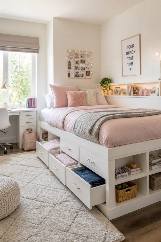 White platform storage bed with pull-out drawers holding folded clothes, built-in shelving at the foot, and a desk nook in a small apartment bedroom