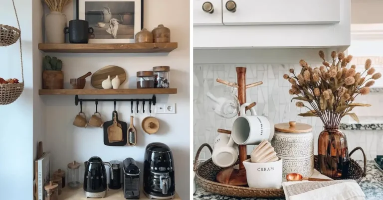 Small apartment coffee corner ideas with black coffee machines on a wood counter below open shelves and a wood mug tree with a ceramic canister on a woven tray