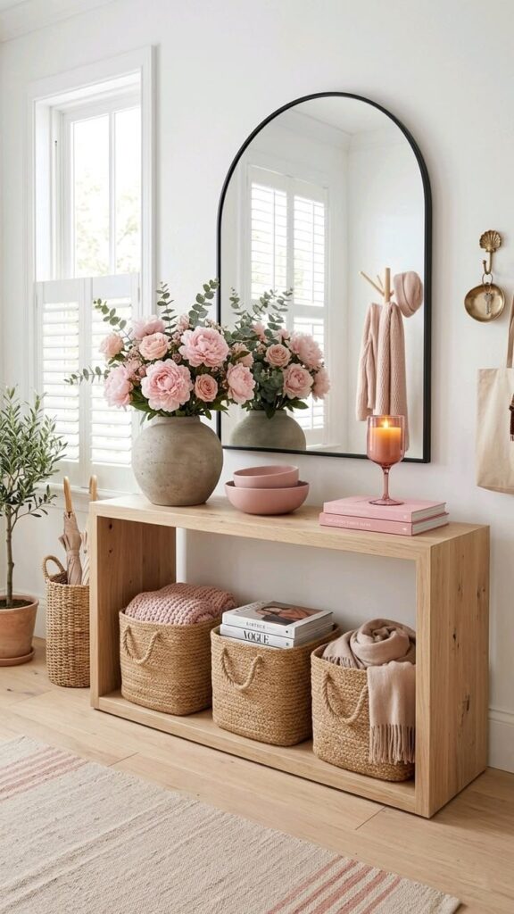 Small apartment entryway with a large stone vase filled with pink roses on a light wood console table, black arch mirror, woven baskets underneath and a small olive tree in the corner