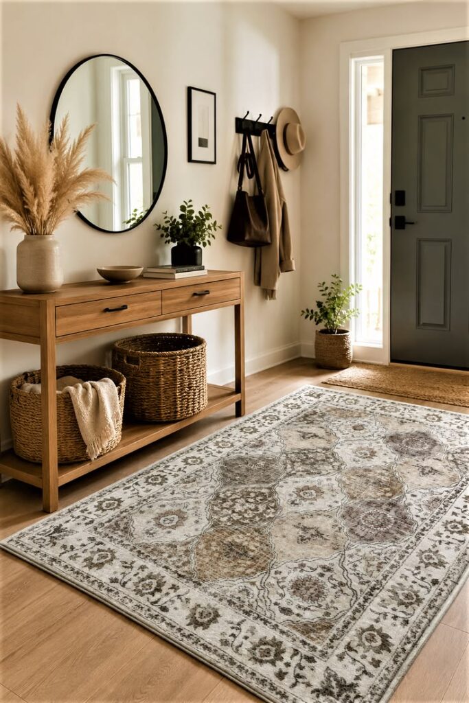 Small apartment entryway with a vintage boho patterned rug, wood console table, round black mirror, woven baskets and wall hooks by the door