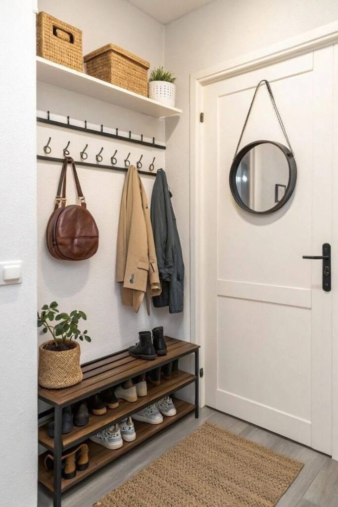 Small apartment entryway with black wall hooks, floating shelf with woven baskets, shoe bench underneath and a round mirror by the door