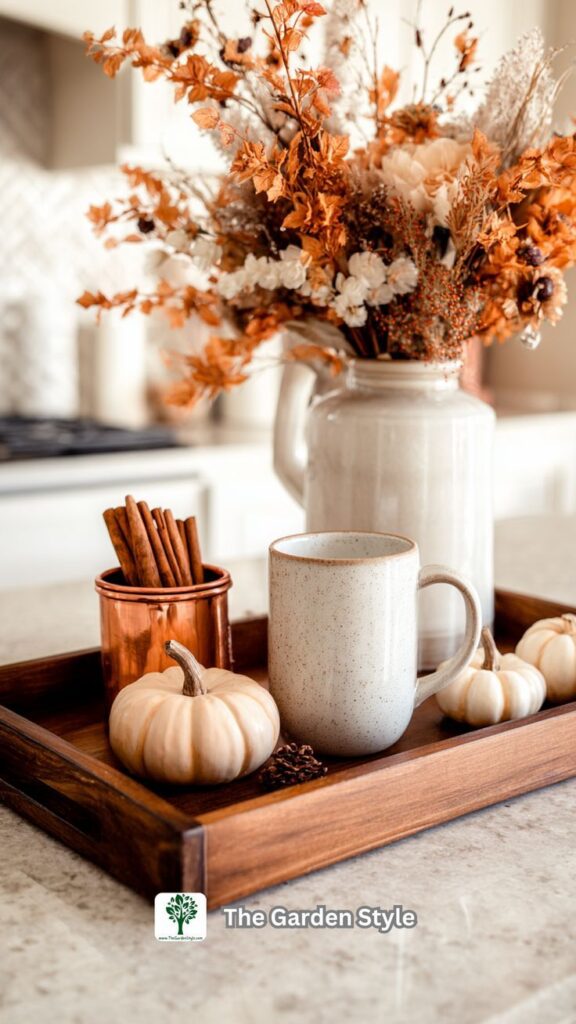 Tall stoneware vase with dried fall stems anchors a wood tray next to a mug and cinnamon sticks
