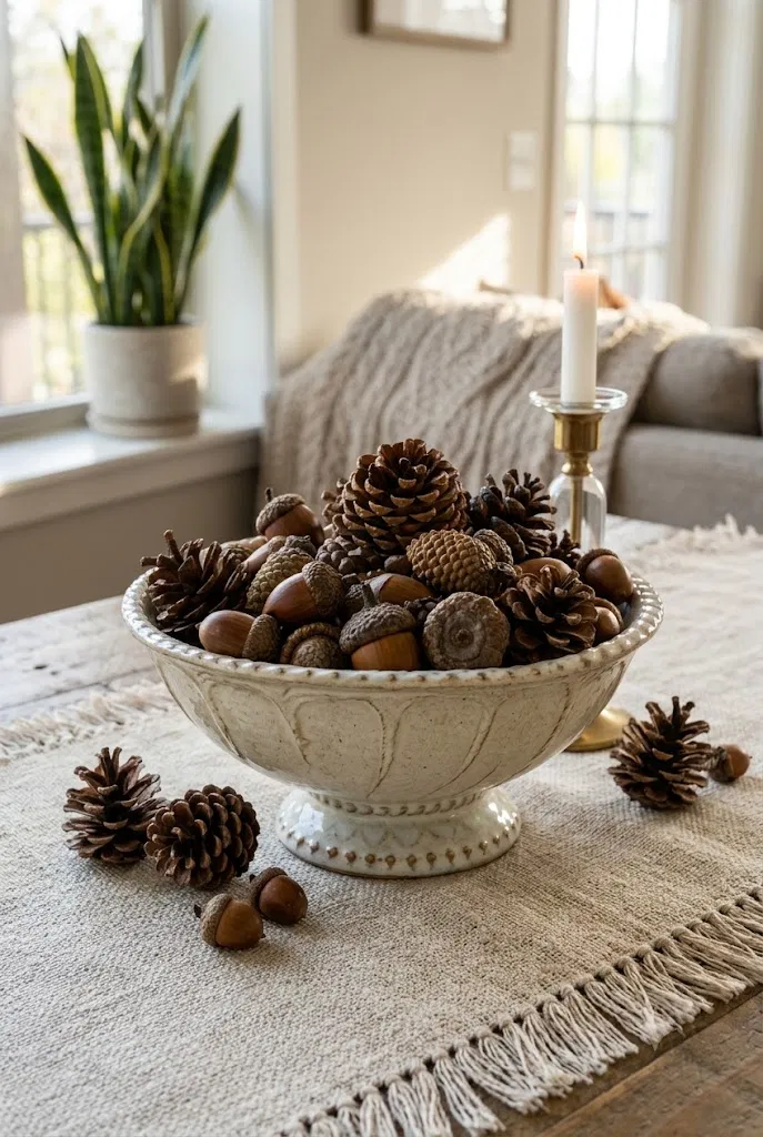 Ceramic bowl filled with acorns and pinecones on a coffee table for a fall centerpiece
