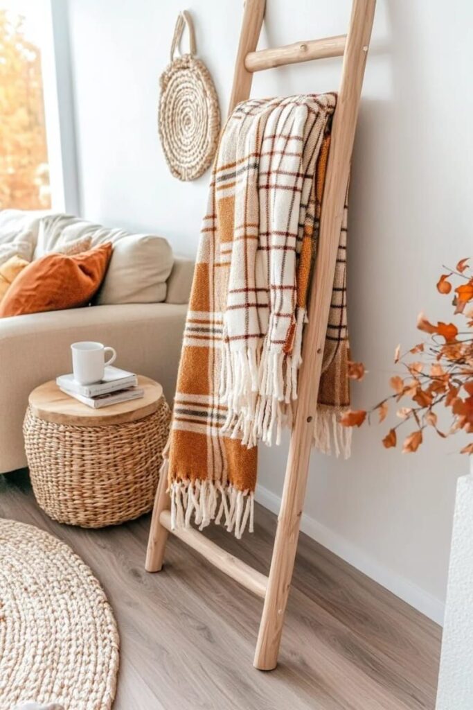 Wooden blanket ladder styled with a plaid throw for fall living room decor