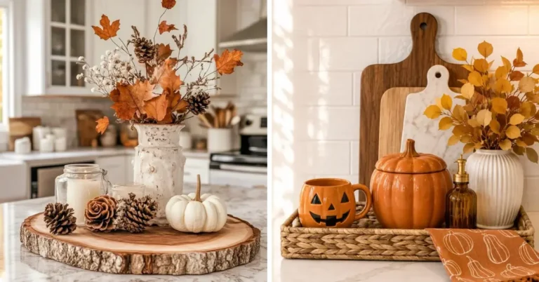 Two fall tray ideas side by side — a wood slab tray with dried leaves and pinecones, and a woven tray styled with a pumpkin mug and jack-o-lantern jar