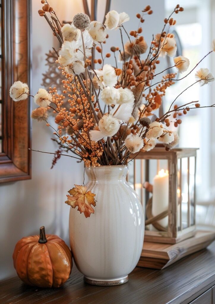Tall vase with dried branches styled for fall living room decor