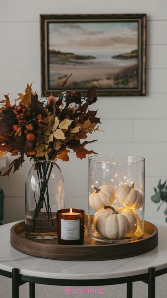 Glass hurricane filled with mini white pumpkins and glowing fairy lights on a fall tray