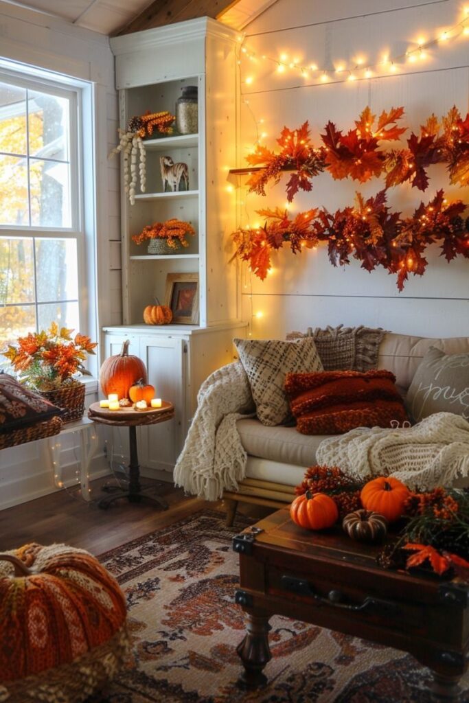 Fall leaf garland string lights hung on a living room wall for cozy decor