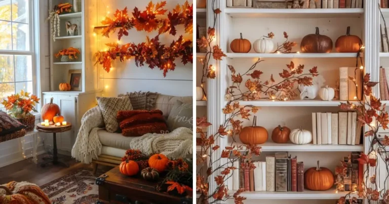 Fall living room decor with string lights, pumpkins, and a styled bookshelf with mini pumpkins