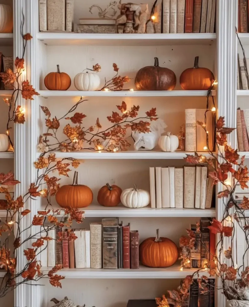  Mini pumpkins and stacked books styled on a shelf for fall living room decor