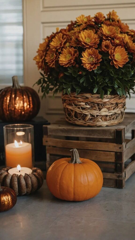 Small potted mum styled with pumpkins and candles for fall living room decor