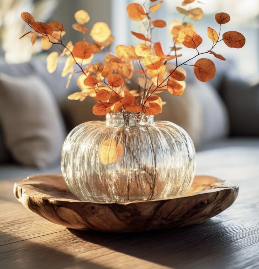 Glass pumpkin-shaped vase with dried orange leaves on a wooden dough bowl centerpiece