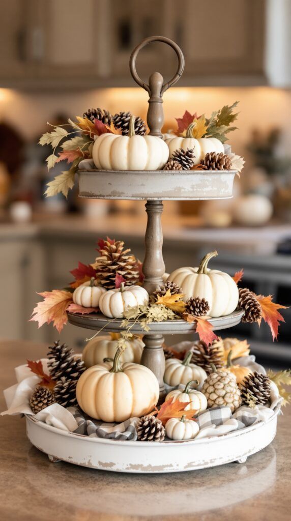 Three-tier tray stacked with mini white pumpkins, pinecones, and fall leaves